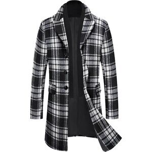 Mens black Plaid Trench Overcoat Wool Blend Coat with Detachable Single Breasted
